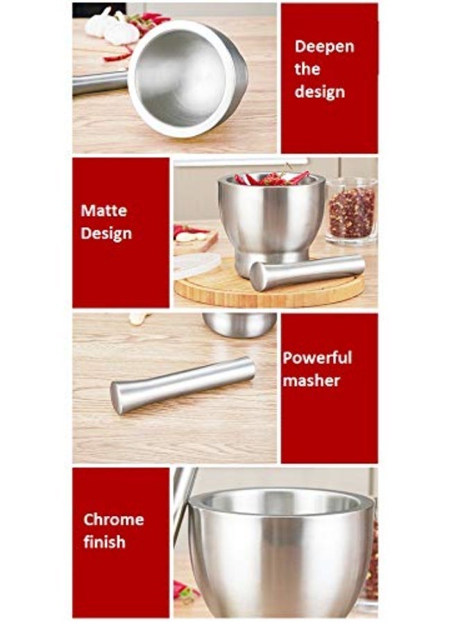 هاون فاخر من الفولاذ المقاوم للصدأ بقاعدة وغطاء متينين للاستخدام اليومي في المطبخ. تصميم مصبوب صلب لطحن التوابل والأعشاب بسهولة. - Image 4